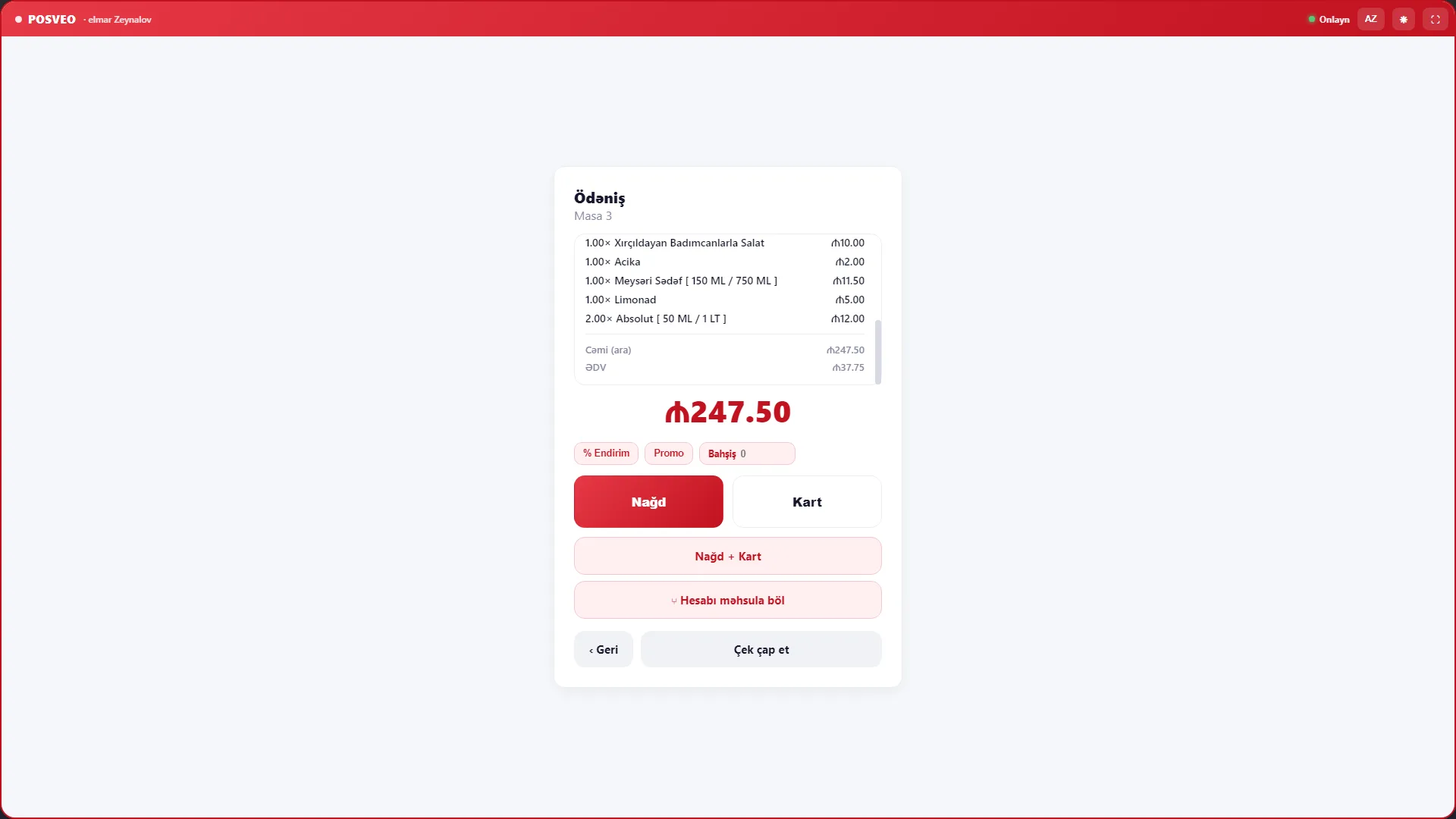 Ödəniş — nağd/kart/bölmə — Posveo POS terminal