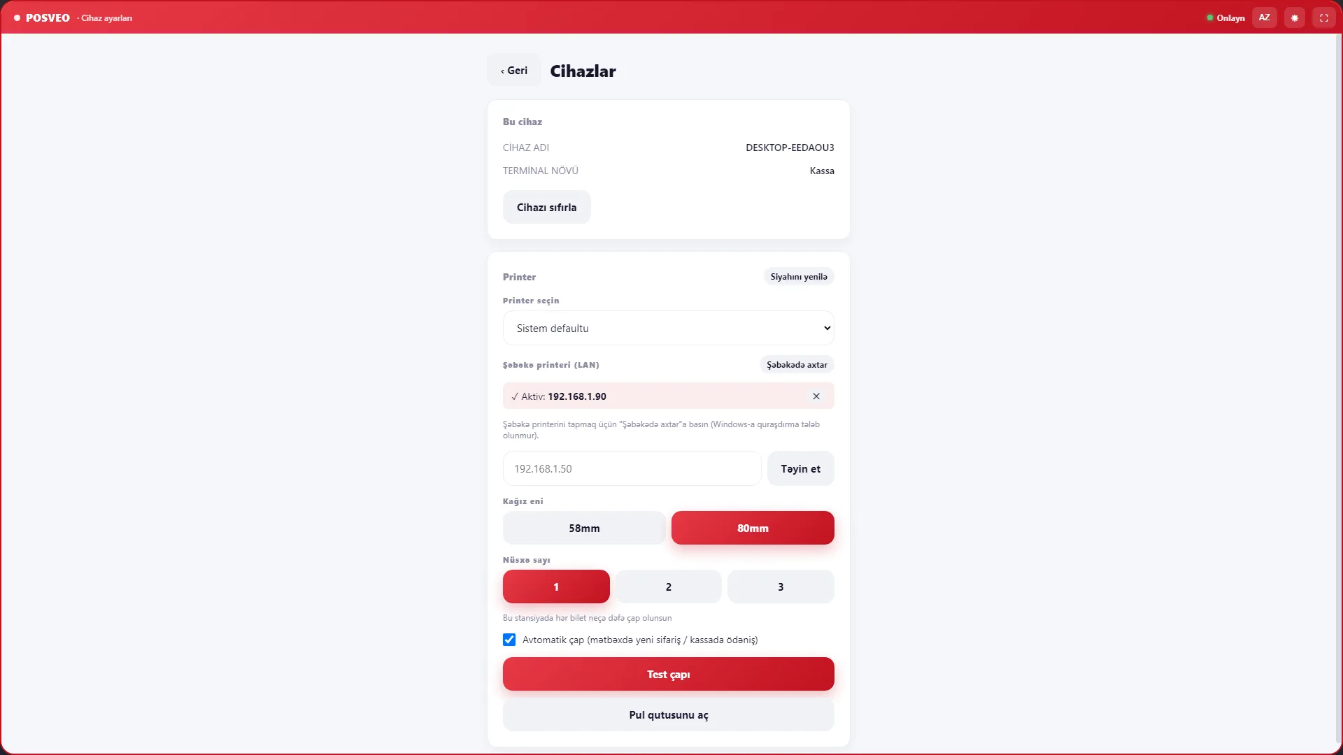 Printer ayarları — Posveo POS terminal