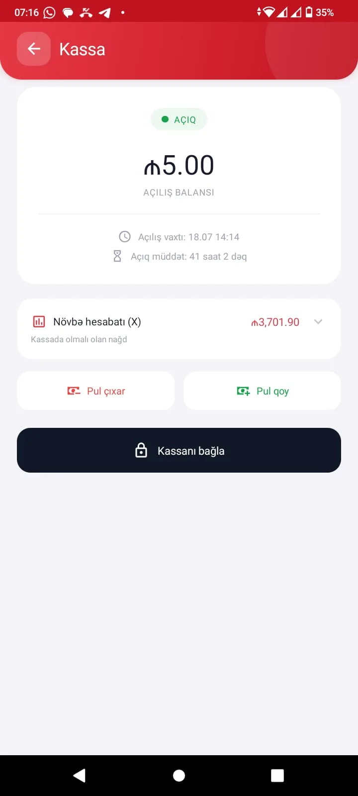 Posveo kassa ekranı — növbə hesabatı və nağd pul idarəetməsi